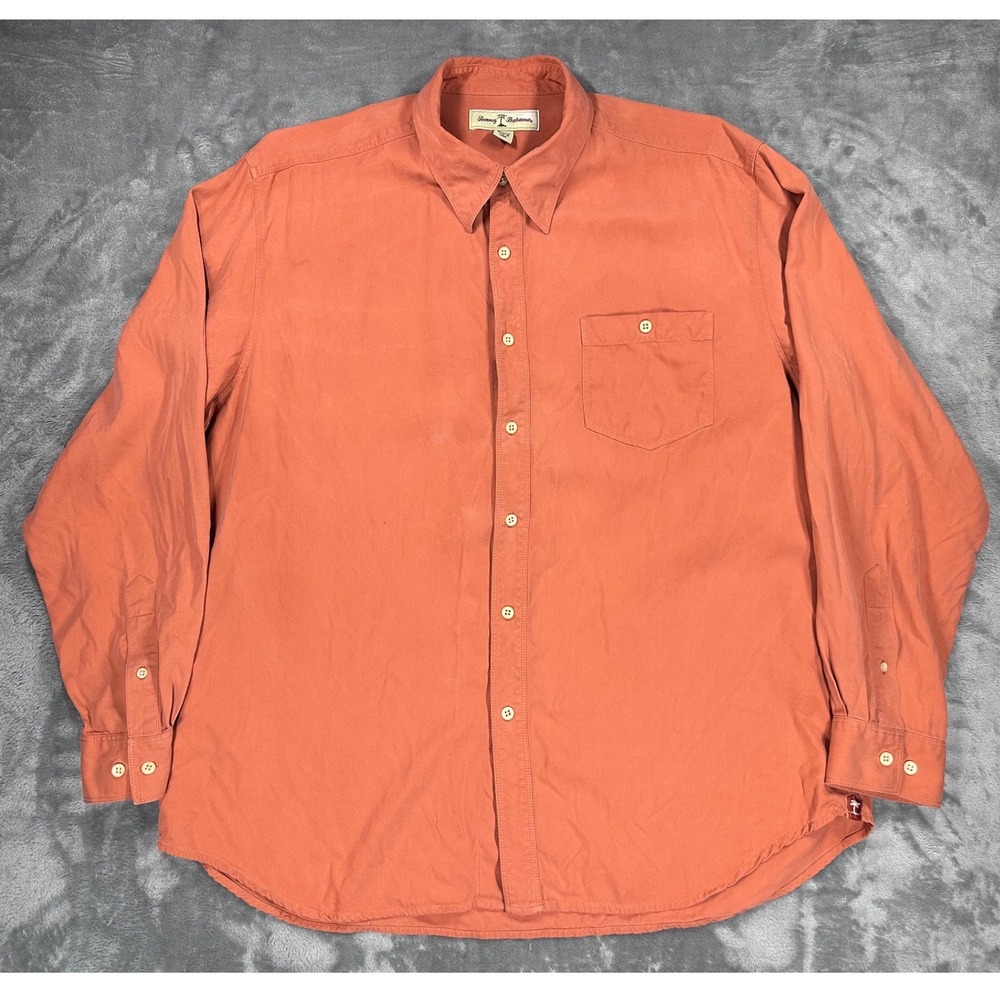 Tommy Bahama Mens XL Silk Long Sleeve Button Down Shirt Coral Orange Solid